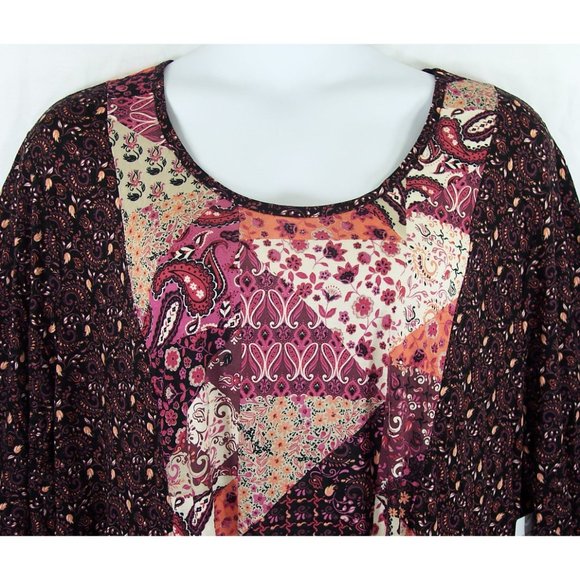 NEW Chelsea Studio Babydoll Tunic Top 30/32 3X Mixed Print Patchwork Mauve Wine - Picture 6 of 13